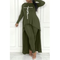 Army Green Fashion Casual Print Asymmetrical O Neck Plus Size Two Pieces 