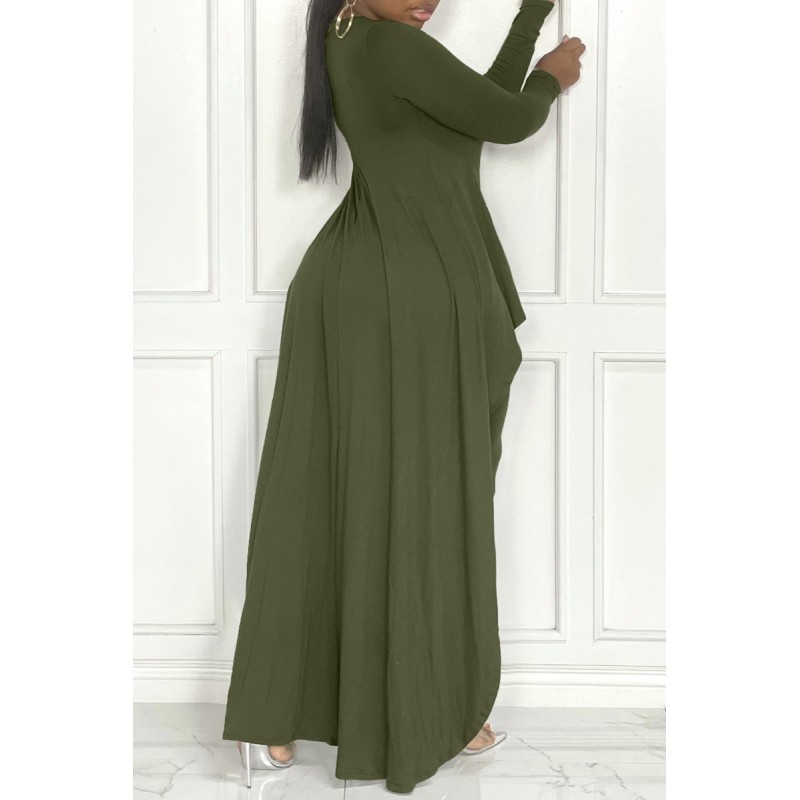 Army Green Fashion Casual Print Asymmetrical O Neck Plus Size Two Pieces 