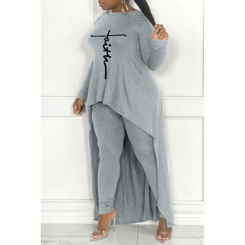 Grey Fashion Casual Print Asymmetrical O Neck Plus Size Two Pieces 