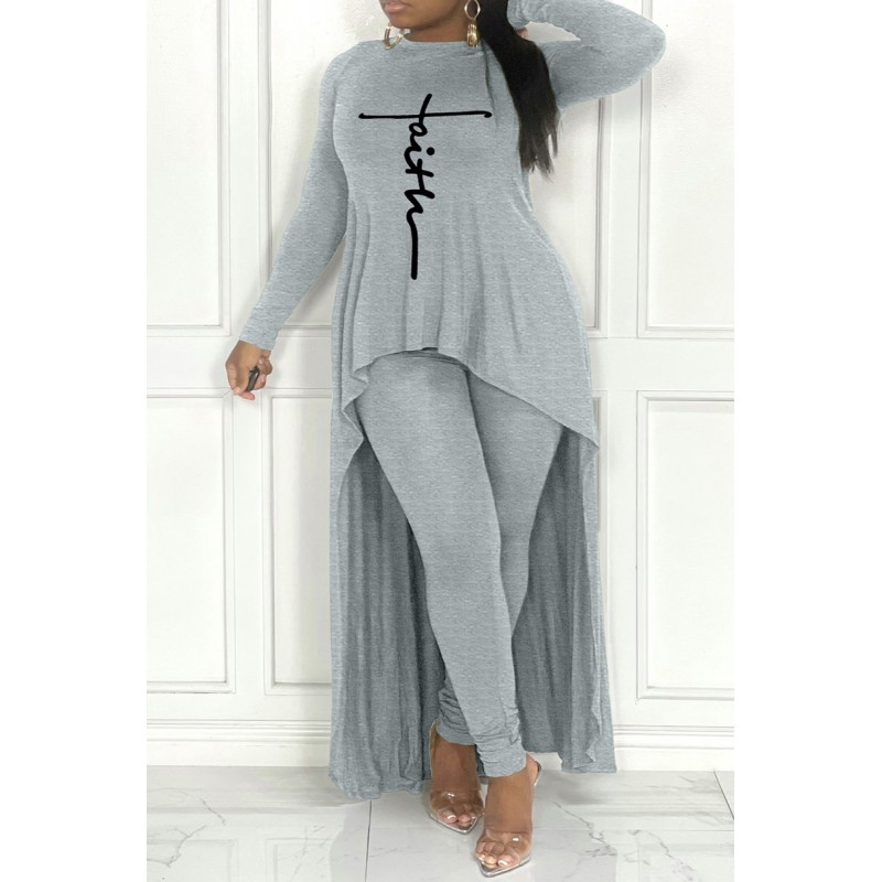 Grey Fashion Casual Print Asymmetrical O Neck Plus Size Two Pieces 