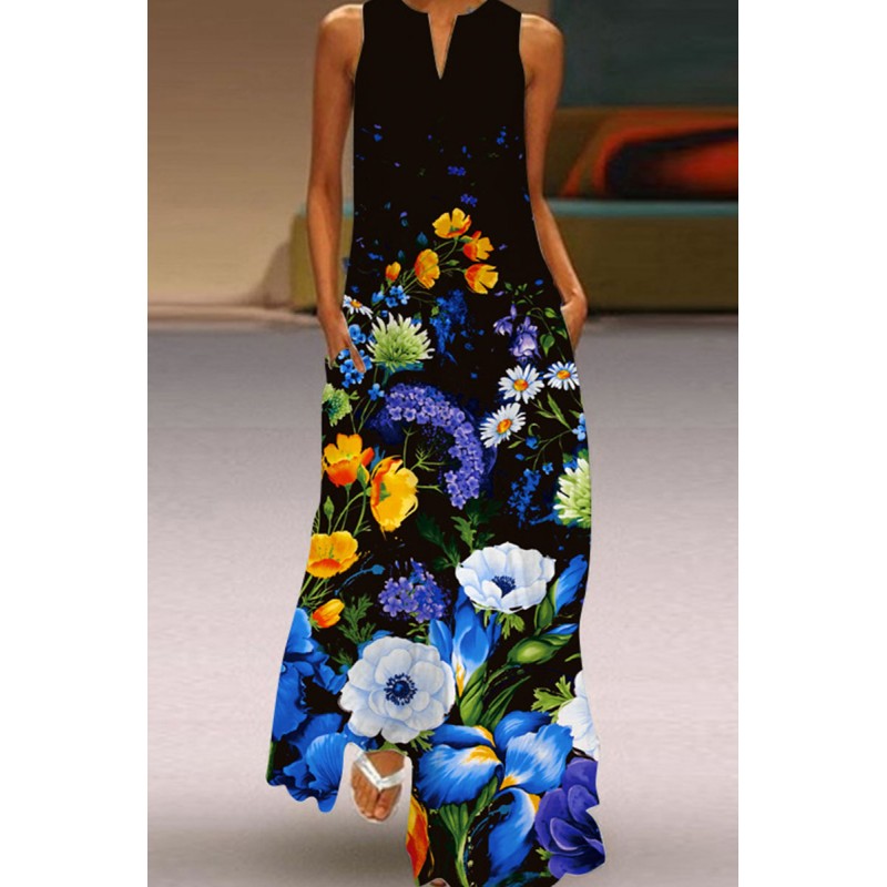 Blue Casual Elegant Print Patchwork V Neck Straight Dresses 