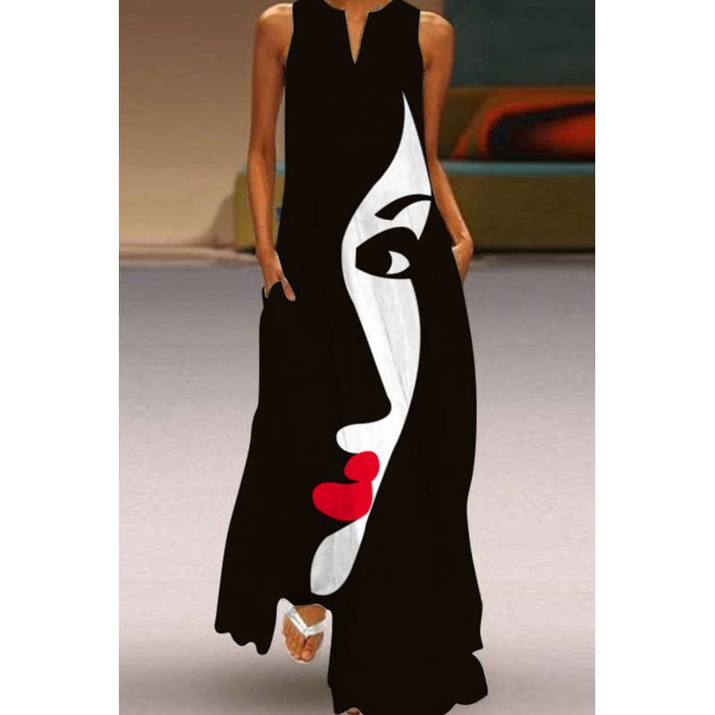 Black White Casual Elegant Print Patchwork V Neck Straight Dresses 