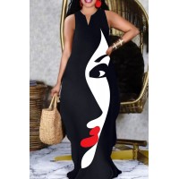 Black White Casual Elegant Print Patchwork V Neck Straight Dresses 