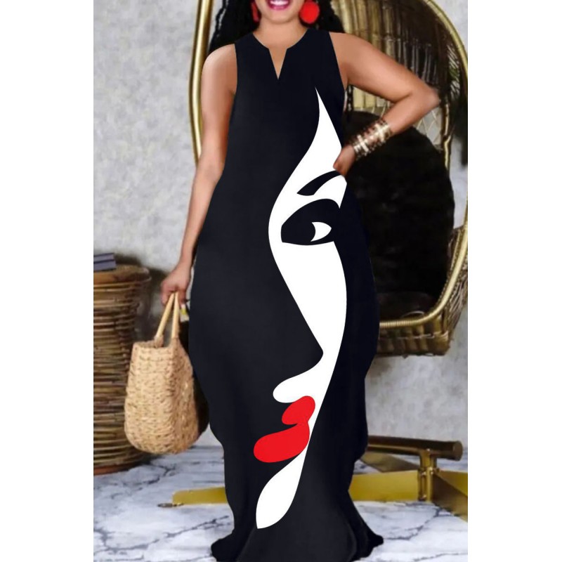 Black White Casual Elegant Print Patchwork V Neck Straight Dresses 