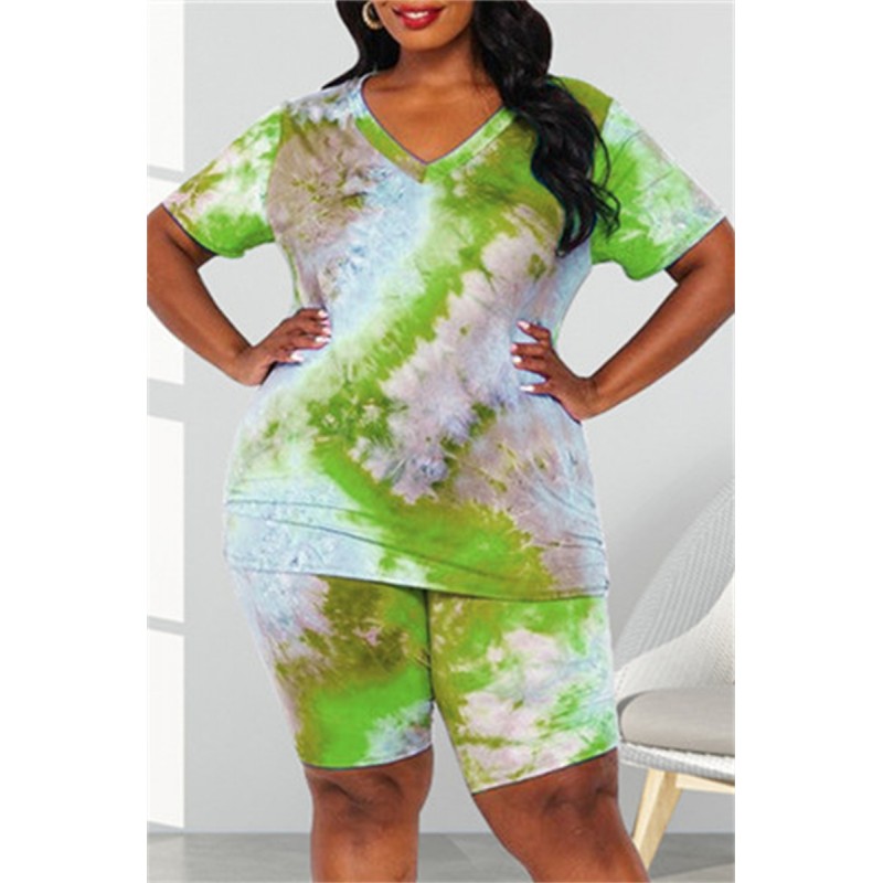 Green Fashion Casual Print Tie-dye V Neck Short Sleeve Two Pieces 