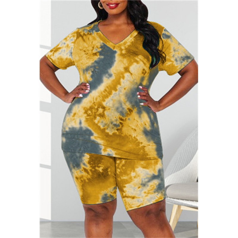 Yellow Fashion Casual Print Tie-dye V Neck Short Sleeve Two Pieces 