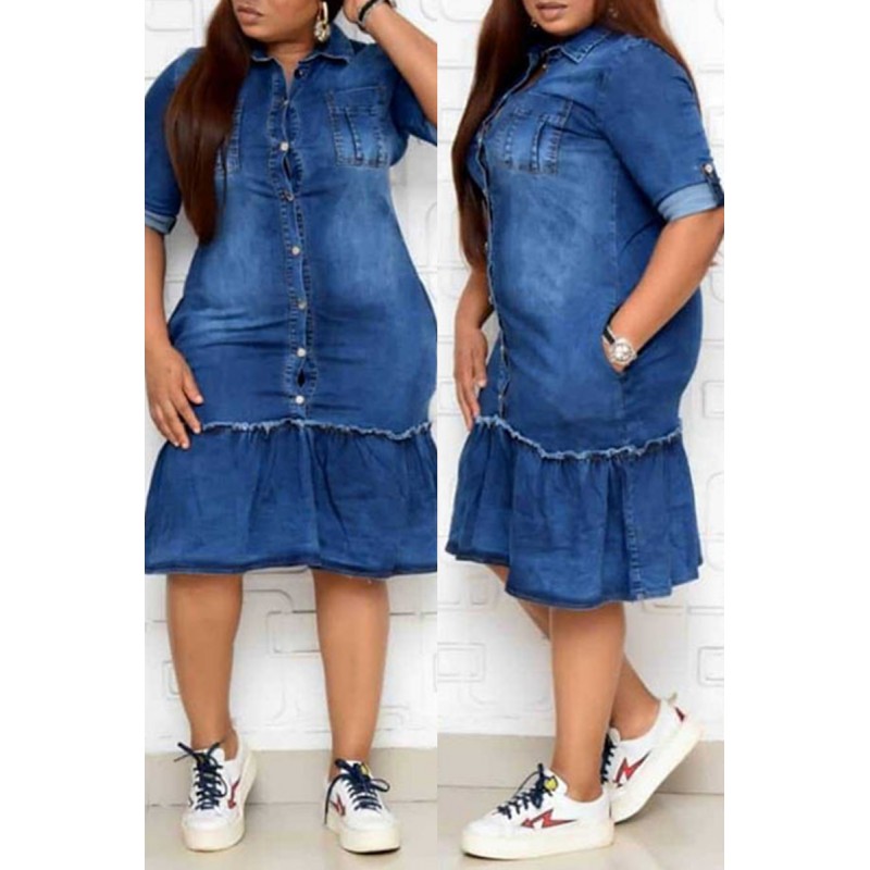 Blue Fashion Casual Plus Size Solid Patchwork Turndown Collar Denim Dress 