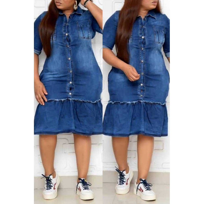 Blue Fashion Casual Plus Size Solid Patchwork Turndown Collar Denim Dress 