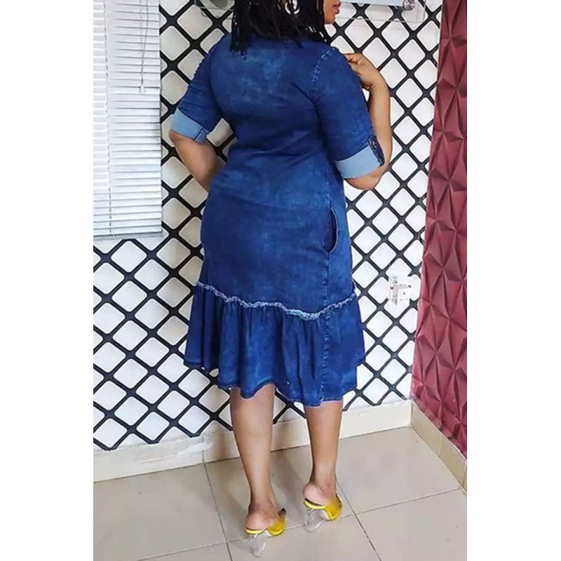 Blue Fashion Casual Plus Size Solid Patchwork Turndown Collar Denim Dress 