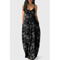 Black Fashion Sexy Skull Head Print Backless Spaghetti Strap Long Dress 