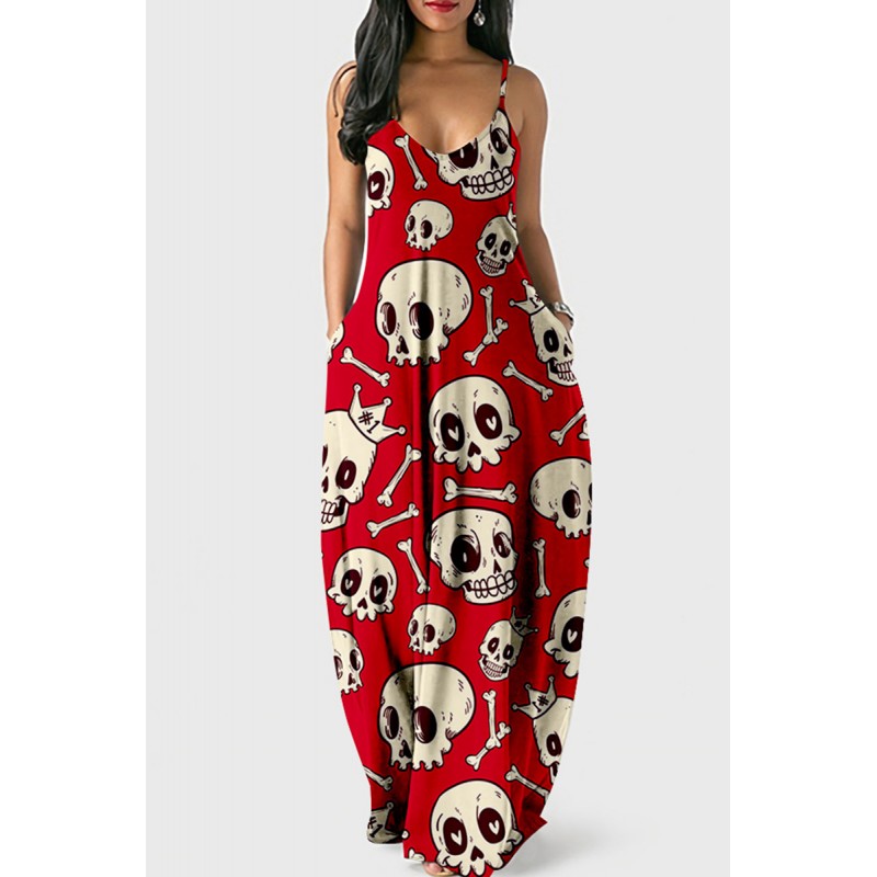 Black Fashion Sexy Skull Head Print Backless Spaghetti Strap Long Dress 