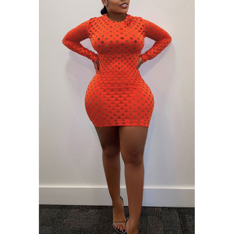 Orange Sexy Solid Hollowed Out Patchwork O Neck Pencil Skirt Dresses 