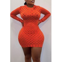 Orange Sexy Solid Hollowed Out Patchwork O Neck Pencil Skirt Dresses 