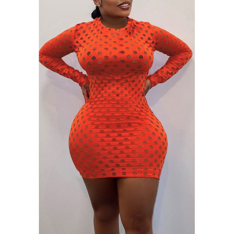 Orange Sexy Solid Hollowed Out Patchwork O Neck Pencil Skirt Dresses 