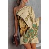 Khaki Fashion Casual Print Patchwork Backless Oblique Collar Irregular Dress 