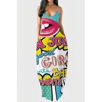 Blue Yellow Fashion Sexy Print Backless V Neck Sling Dress 