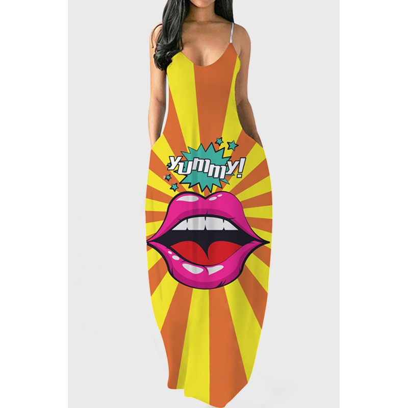 Orange Yellow Fashion Sexy Print Backless V Neck Sling Dress 