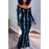 Tibetan Blue Fashion Casual Print Patchwork V Neck Long Sleeve Dresses 