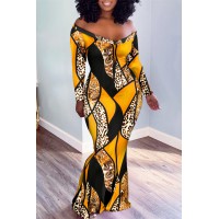 Orange Yellow Fashion Casual Print Patchwork V Neck Long Sleeve Dresses 