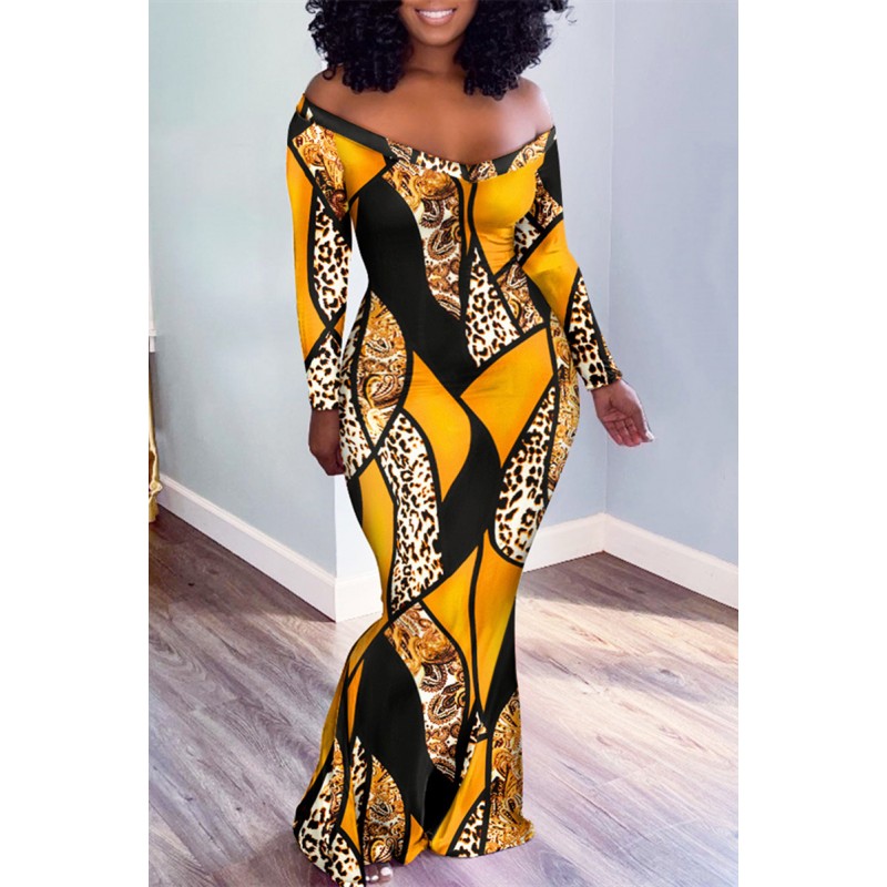 Orange Yellow Fashion Casual Print Patchwork V Neck Long Sleeve Dresses 