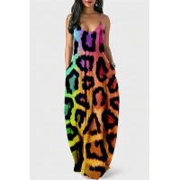 Colour Fashion Sexy Print Backless Spaghetti Strap Long Dress 