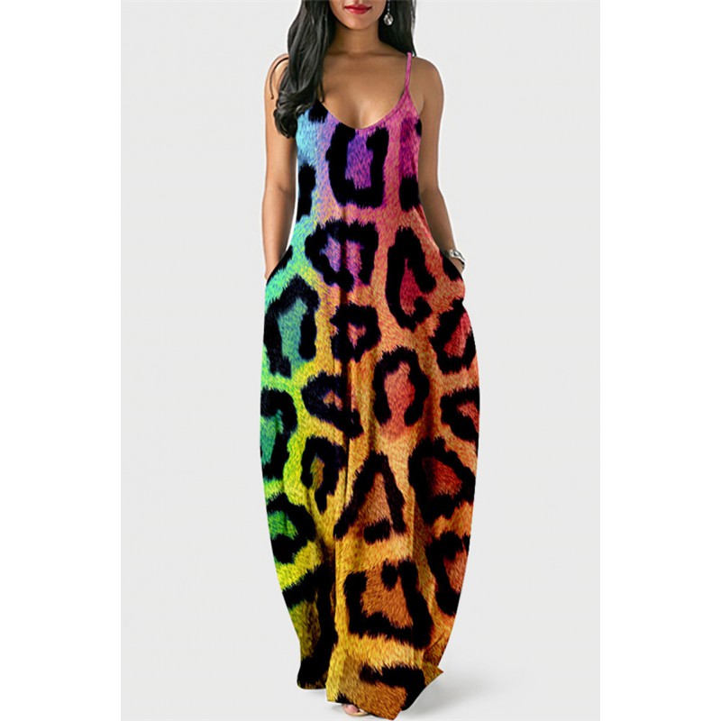 Colour Fashion Sexy Print Backless Spaghetti Strap Long Dress 