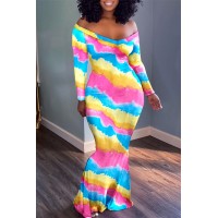 Pink Yellow Fashion Casual Print Patchwork V Neck Long Sleeve Dresses 