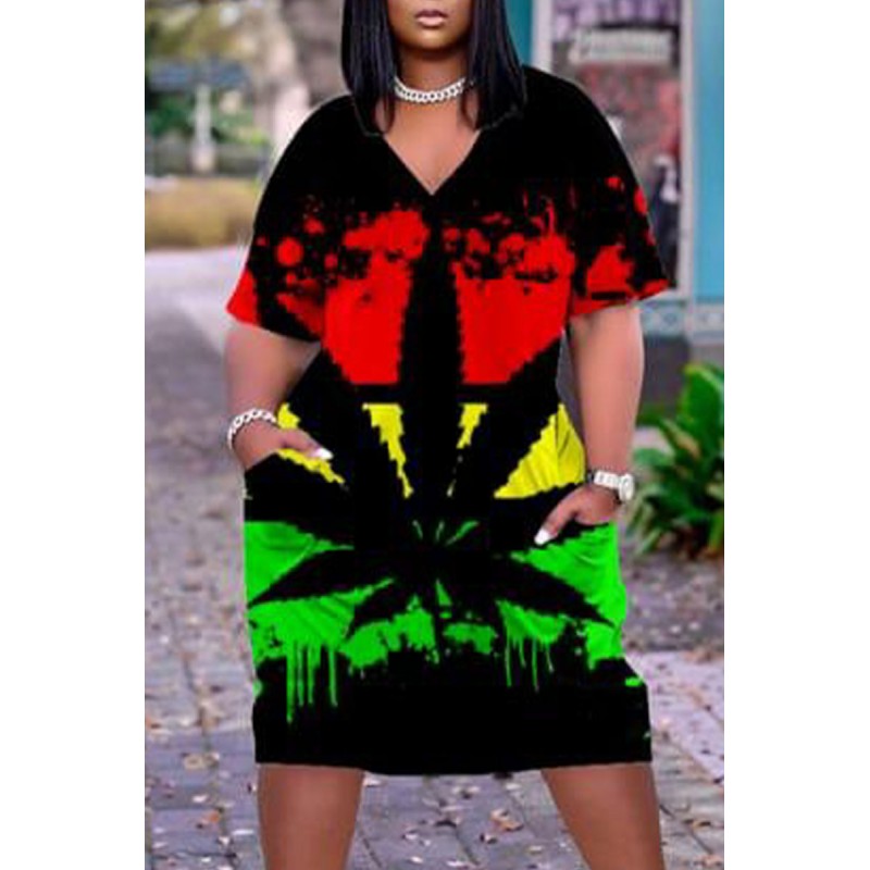 Black Green Casual Street Print Patchwork V Neck Straight Dresses 