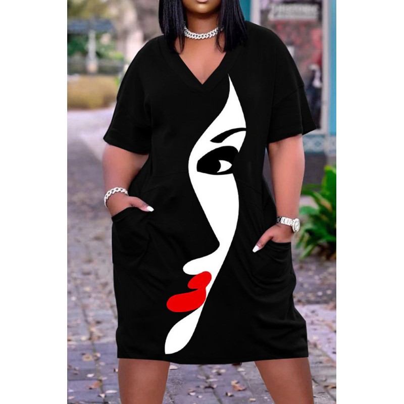 Matte Black Casual Street Print Patchwork V Neck Straight Dresses 