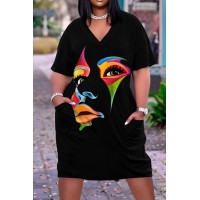 Matte Black Casual Street Print Patchwork V Neck Straight Dresses 