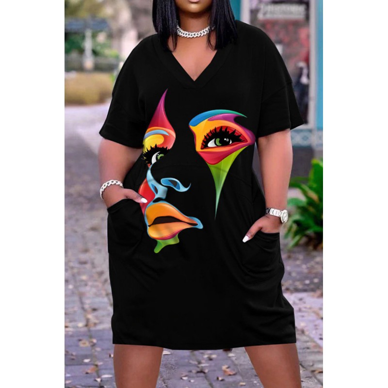 Matte Black Casual Street Print Patchwork V Neck Straight Dresses 