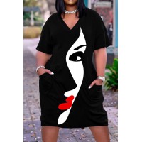 Black And White Casual Street Print Patchwork V Neck Straight Dresses 