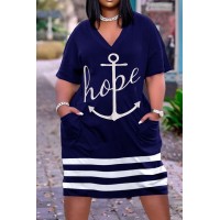 Navy Casual Street Print Patchwork V Neck Straight Dresses 