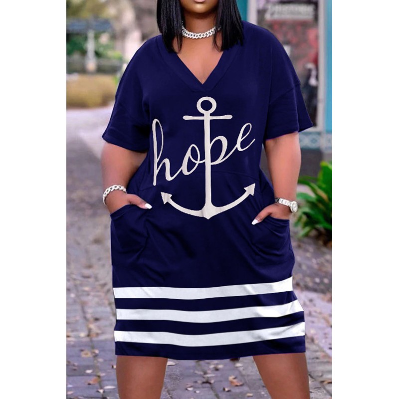 Navy Casual Street Print Patchwork V Neck Straight Dresses 