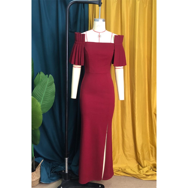 Burgundy Fashion Sexy Solid Patchwork Slit Off the Shoulder Evening Dress Dresses 