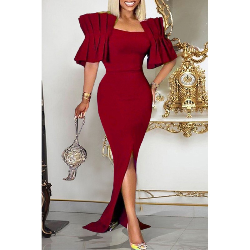 Burgundy Fashion Sexy Solid Patchwork Slit Off the Shoulder Evening Dress Dresses 