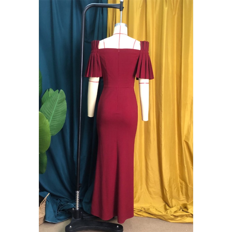 Burgundy Fashion Sexy Solid Patchwork Slit Off the Shoulder Evening Dress Dresses 