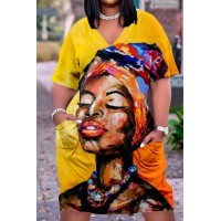 Mustard Yellow Casual Street Print Patchwork V Neck Straight Dresses 