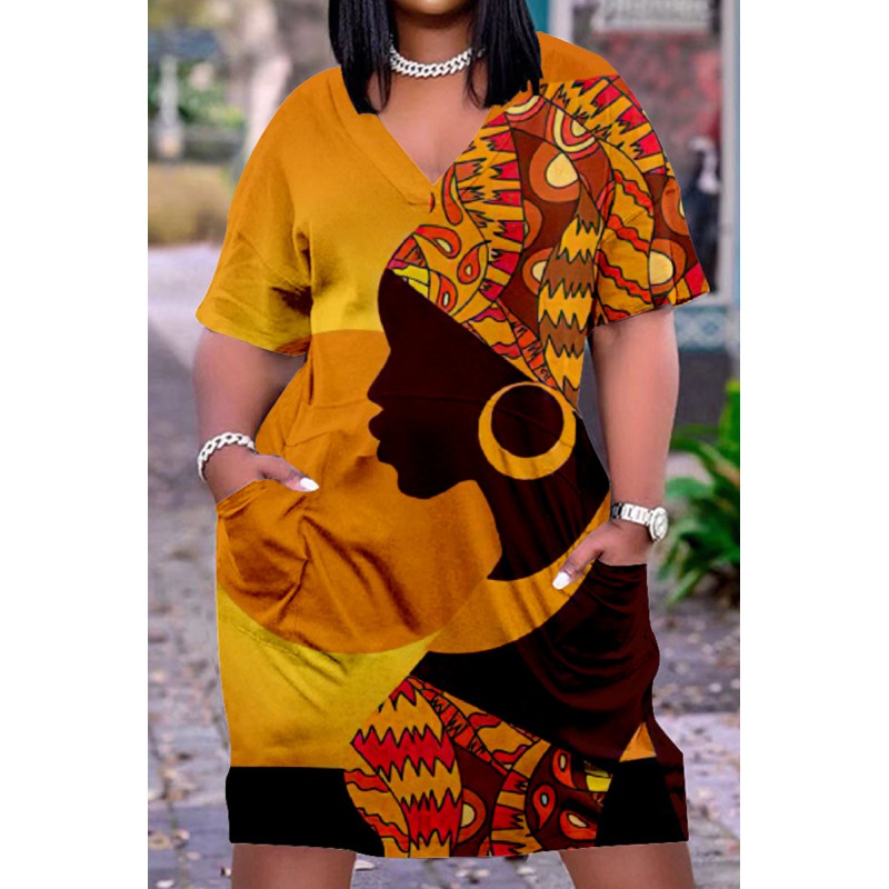 Mustard Yellow Casual Street Print Patchwork V Neck Straight Dresses 