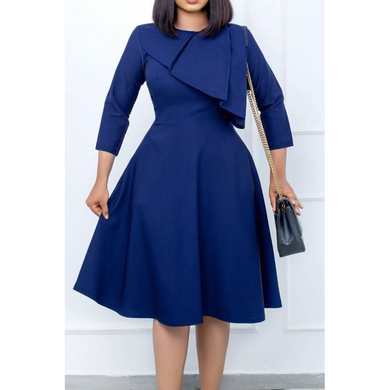 Deep Blue Casual Work Solid Patchwork Dresses 