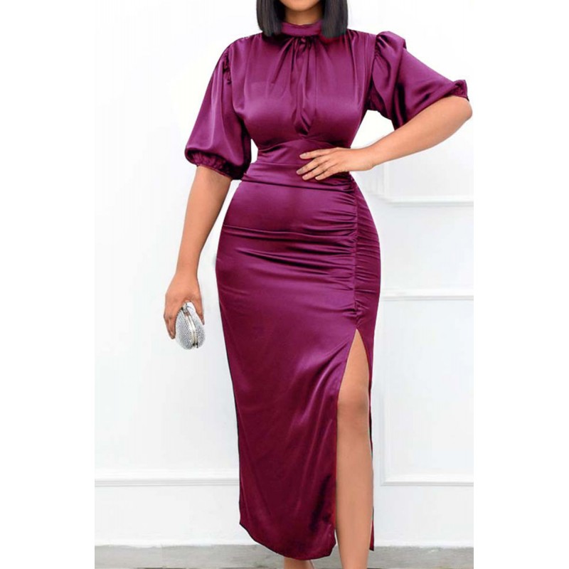 Burgundy Elegant Solid Patchwork Slit Half A Turtleneck One Step Skirt Dresses 